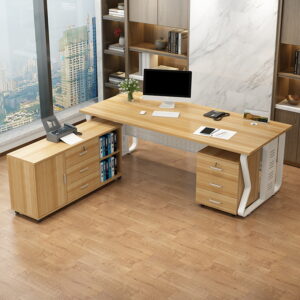 Minimalist Modern Solo Executive Office Desk - Maoters - L180 x W80 x H75 CM White frame + Light Walnut