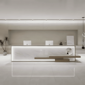 Innovative Lacquered Reception Desk - Maoters - L240 x W60 x H100 CM, Jazz White +Champagne Gold / Left