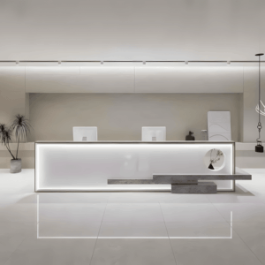 Innovative Lacquered Reception Desk - Maoters - L240 x W60 x H100 CM, Natural White +Starry Gray / Left