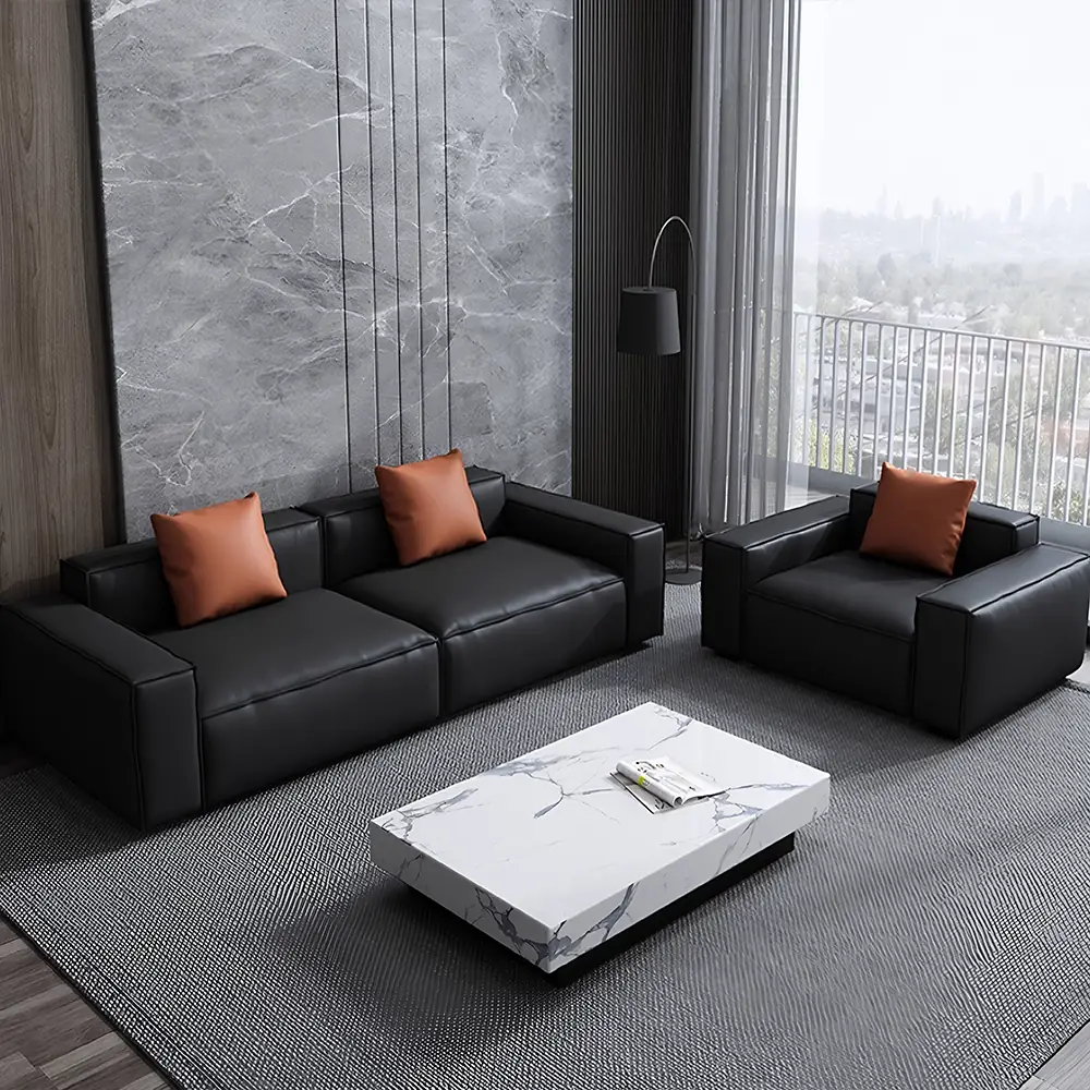 Leather Grey Sofa with Wide Armrests - Maoters