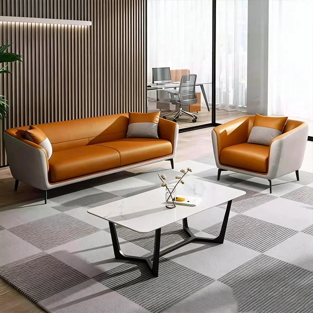Luxury Leather Office Sofa - Compact Casual Orange Luxury Leather Office Sofa - Compact Casual Orange