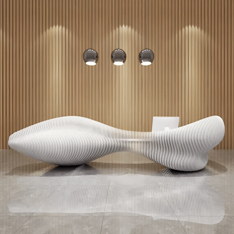 White Lacquer Reception Desk - Curved Front Counter
