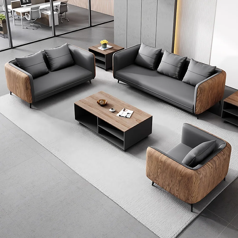 Gray Wood Grain Leather Sofa - Modern Business Reception