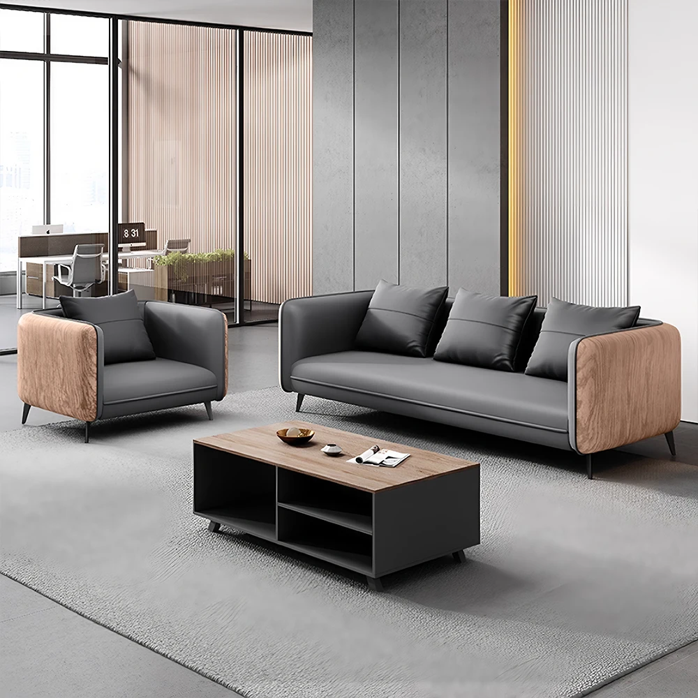Gray Wood Grain Leather Sofa - Modern Business Reception Gray Wood Grain Leather Sofa - Modern Business Reception