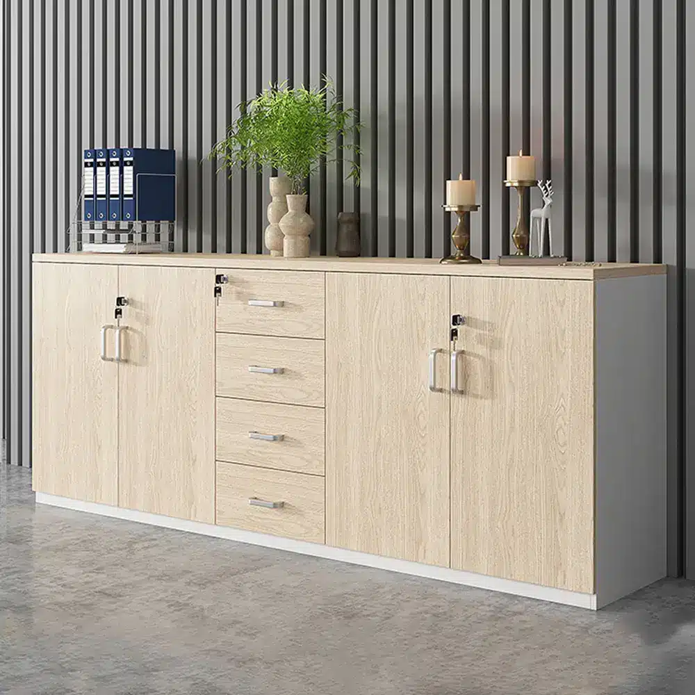 Wooden Room Divider Cabinet: Low Office Storage with Shelves & Organizer Drawers