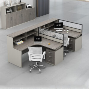 Minimalist Desk with Screen Dividers - Two-person seat L280 x W150 x H120 CM (F-shaped right high cabinet)